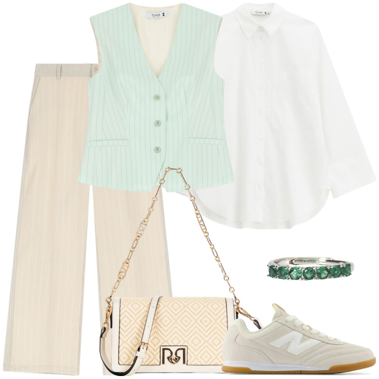 Outfit donna - Primavera dentro. Stile Casual per Ufficio. Abbinamento con anelli, sneakers, borse a spalla, pantaloni, gilet, camicie.