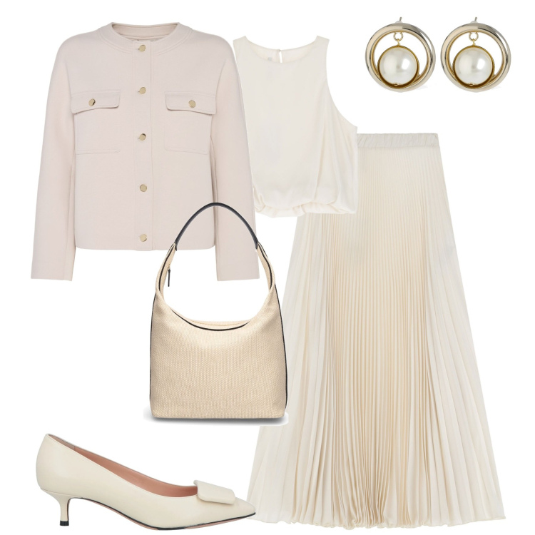 Outfit donna - Color champagne. Stile Chic per Cerimonia. Abbinamento con décolleté, gonne lunghe, top, blazer, orecchini, borse a spalla.