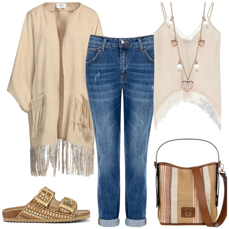 Outfit donna - Primavera. Stile Boho per Tutti i giorni. Abbinamento con cardigans, collane, borse a secchiello, jeans skinny, top, sandali.