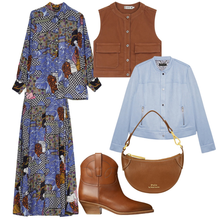 Outfit donna - Una giornata di primavera. Stile Boho per Tutti i giorni. Abbinamento con gilet, camicie, gonne lunghe, stivaletti, borse a tracolla, blazer.