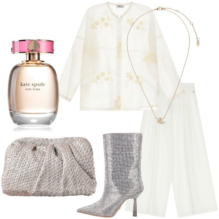 Outfit donna - Sheer Elegance - Trasparenze con stile. Stile Glamour per Serata fuori. Abbinamento con stivaletti, profumi, pantaloni a palazzo, clutch, camicie, ciondoli.