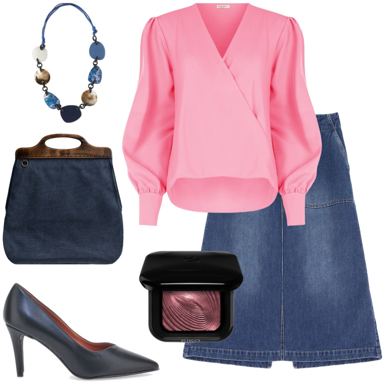 Outfit donna - Camicia rosa volant. Stile Casual chic per Tutti i giorni. Abbinamento con ombretti, gonne, bluse, borse a tracolla, décolleté, collane.