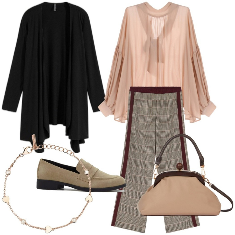 Outfit donna - Eleganza in ufficio e fuori. Stile Bon Ton per Ufficio. Abbinamento con cardigans, mocassini, braccialetti, camicie, pantaloni, clutch.