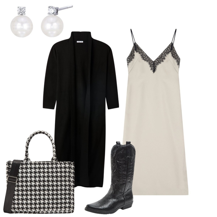 Outfit donna - L’abito sottoveste. Stile Glamour per Tutti i giorni. Abbinamento con cardigans, stivali, shopping bag, orecchini, vestiti midi/longuette.