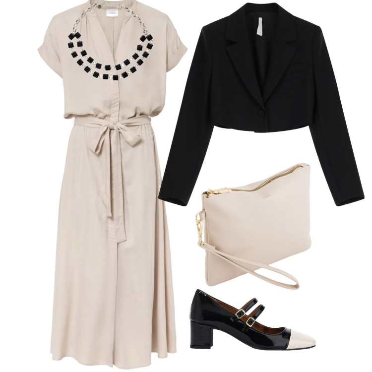 Outfit donna - Cipria e nero. Stile Casual chic per Cerimonia. Abbinamento con vestiti chemisier, blazer, décolleté, collane, pochette.