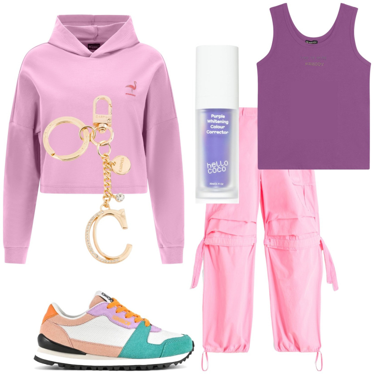 Outfit donna - Carla. Stile Trendy per Tutti i giorni. Abbinamento con correttori, felpe con cappuccio, pantaloni cargo, canottiere, scarpe sportive, portachiavi.