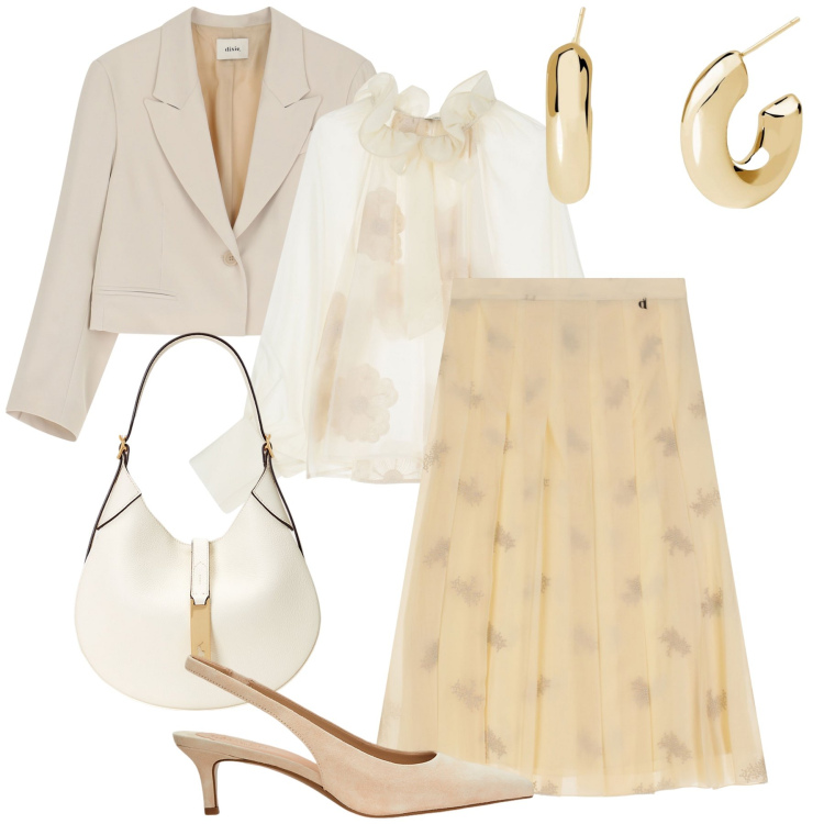 Outfit donna - Le sfumature delicate di Dixie. Stile Romantica per Cerimonia. Abbinamento con orecchini, blazer, bluse, gonne longuette, décolleté, borse a spalla.