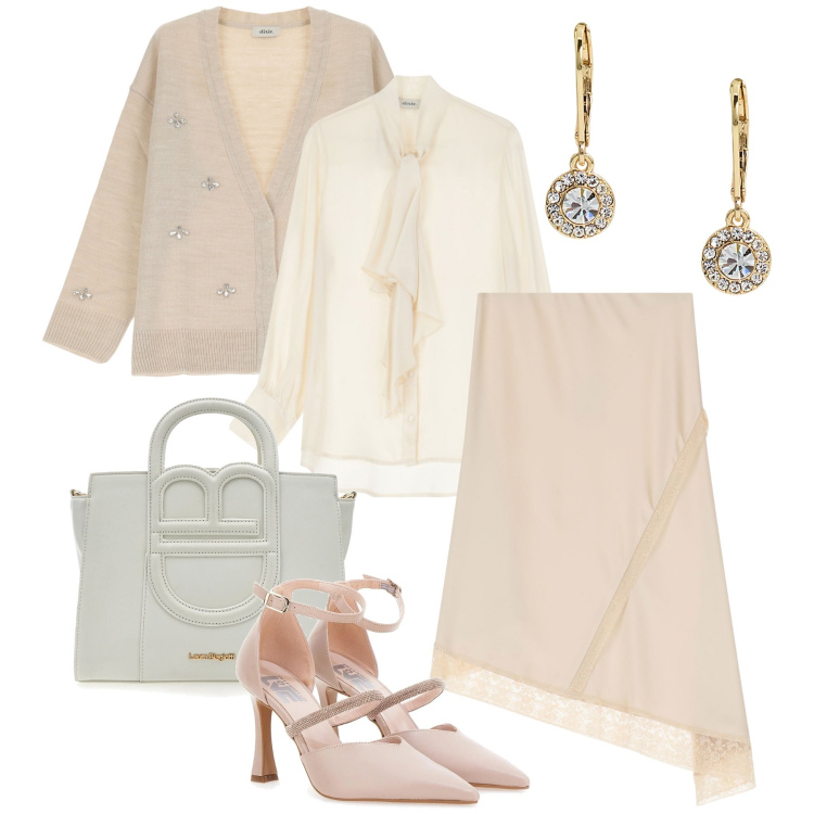 Outfit donna - Toni pastello di Dixie. Stile Romantica per Cerimonia. Abbinamento con cardigans, bluse, gonne longuette, orecchini, décolleté, borse a tracolla.