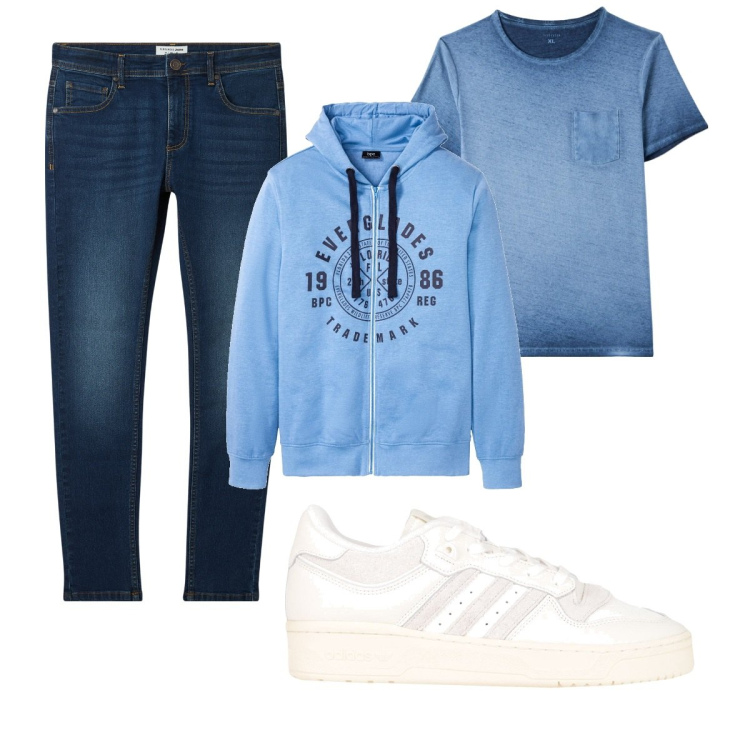 Outfit uomo - Total look #2082742. Stile Casual per Tutti i giorni. Abbinamento con felpe con cappuccio, sneakers, t-shirt, jeans skinny.