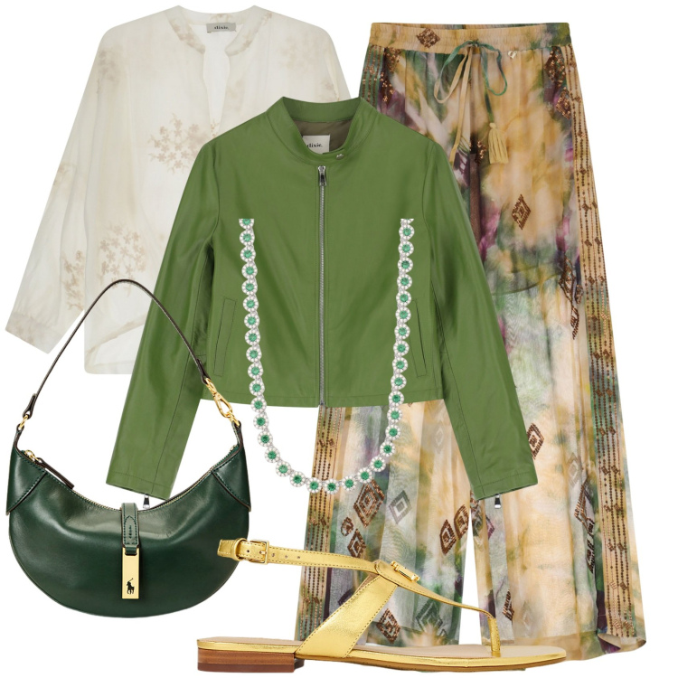 Outfit donna - Dixie sognando Siviglia. Stile Glamour per Tutti i giorni. Abbinamento con collane, pantaloni a palazzo, giacche, camicie, borse a spalla, sandali in pelle.
