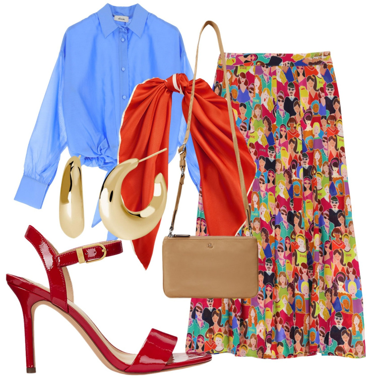 Outfit donna - Dixie sognando Siviglia. Stile Glamour per Tutti i giorni. Abbinamento con orecchini, gonne lunghe, camicie, sandali col tacco, borse a tracolla, foulard.