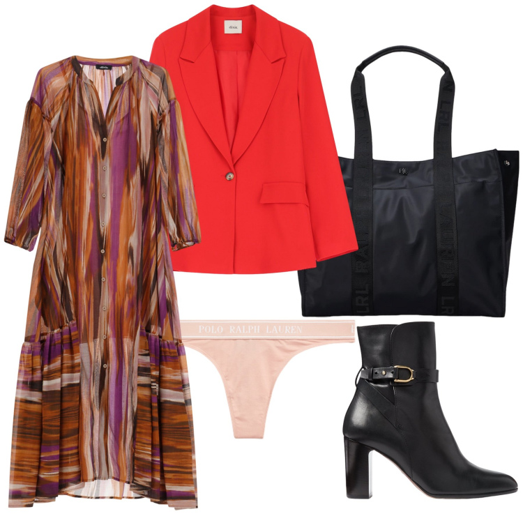 Outfit donna - Pomeriggio in centro. Stile Urban per Tutti i giorni. Abbinamento con blazer, vestiti lunghi, stivaletti, perizomi, borse tote.