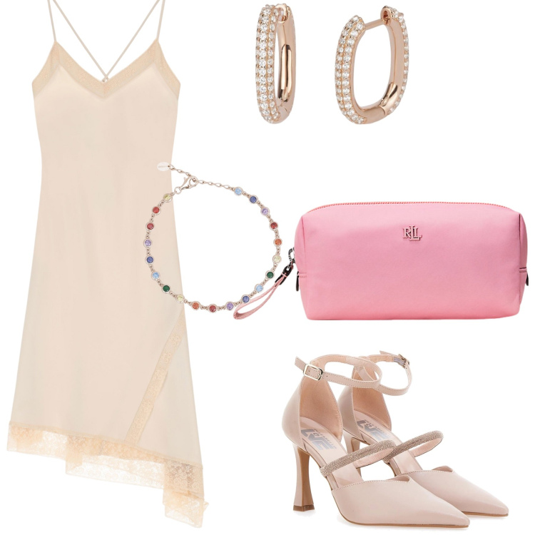 Outfit donna - Ole’. Stile Glamour per Serata fuori. Abbinamento con orecchini, braccialetti, vestiti asimmetrici, pochette, décolleté.