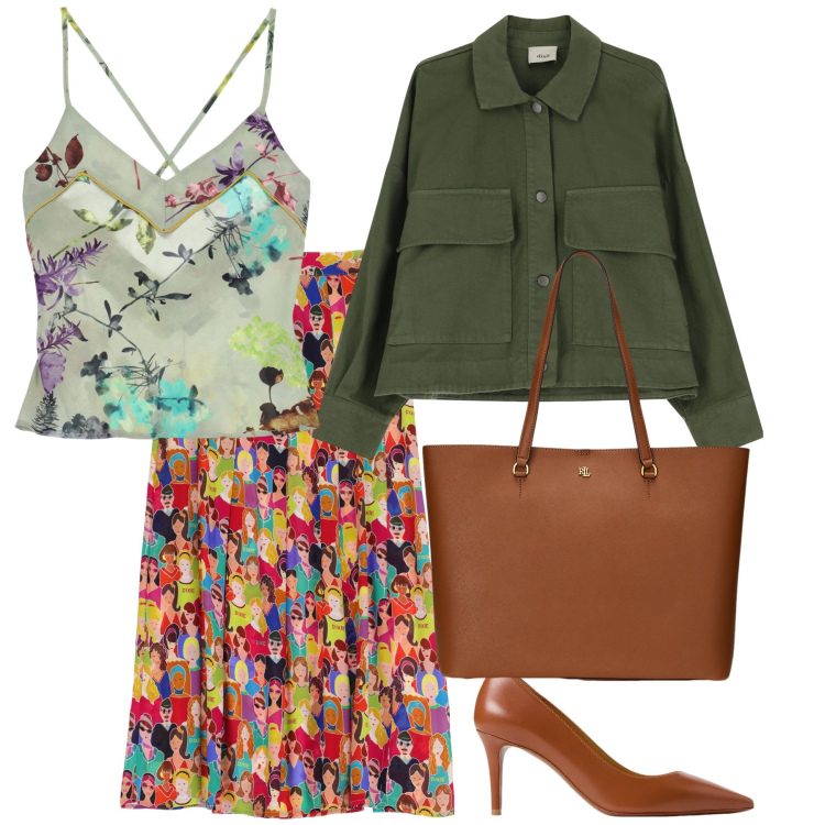 Outfit donna - Fiorita Siviglia. Stile Glamour per Ufficio. Abbinamento con canottiere, gonne lunghe, cappotti, borse tote, décolleté.