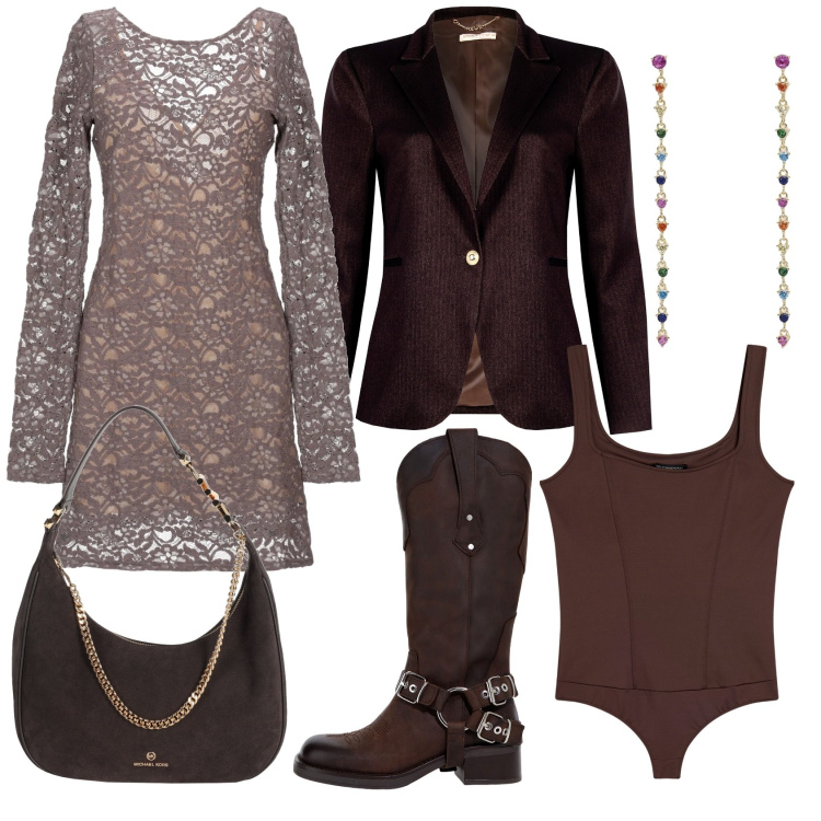 Outfit donna - Serata fuori senza tacchi. Stile Chic per Serata fuori. Abbinamento con vestiti corti, borse a spalla, orecchini, blazer, body, stivali.