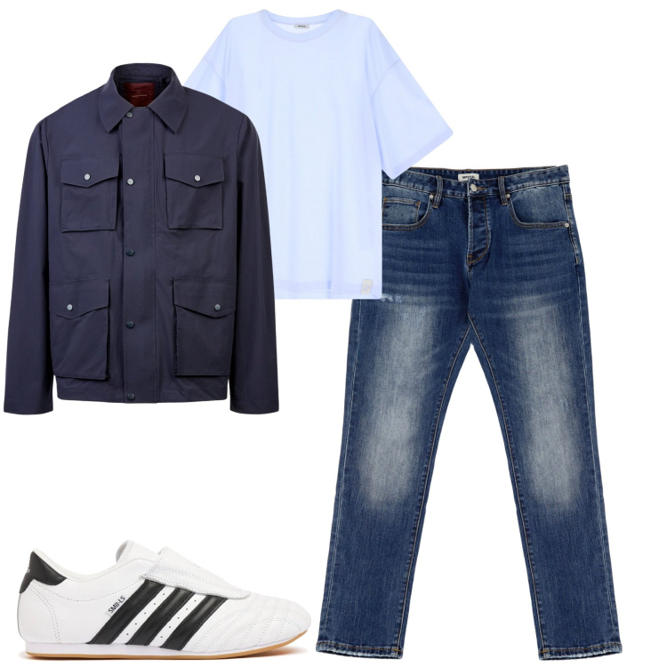Outfit uomo - City. Stile Casual per Tutti i giorni. Abbinamento con t-shirt, jeans dritti, giacche, sneakers.