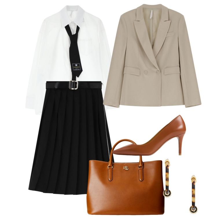 Outfit donna - IMPERIAL - Take Off. Stile Preppy per Ufficio. Abbinamento con camicie, gonne longuette, blazer, décolleté, borse a mano, orecchini.