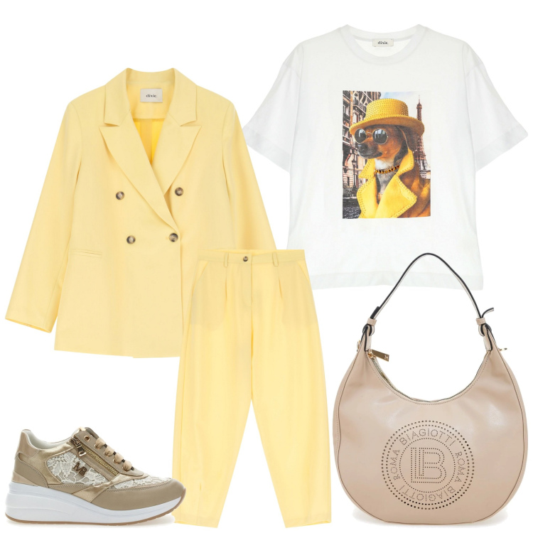 Outfit donna - El mismo sol. Stile Casual chic per Ufficio. Abbinamento con pantaloni, t-shirt, blazer, scarpe stringate, borse a spalla.