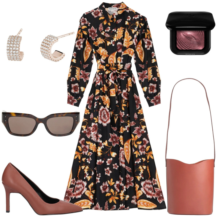 Outfit donna - Floreale Vintage Spring. Stile Vintage retrò per Cerimonia. Abbinamento con décolleté, occhiali da sole, borse a mano, ombretti, orecchini, vestiti lunghi.