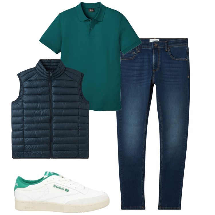 Outfit uomo - City. Stile Casual per Tutti i giorni. Abbinamento con polo, sneakers, jeans skinny, gilet.