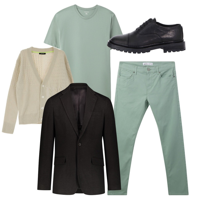 Outfit uomo - City. Stile Trendy per Tutti i giorni. Abbinamento con scarpe stringate, cardigans, giacche, t-shirt, pantaloni skinny.