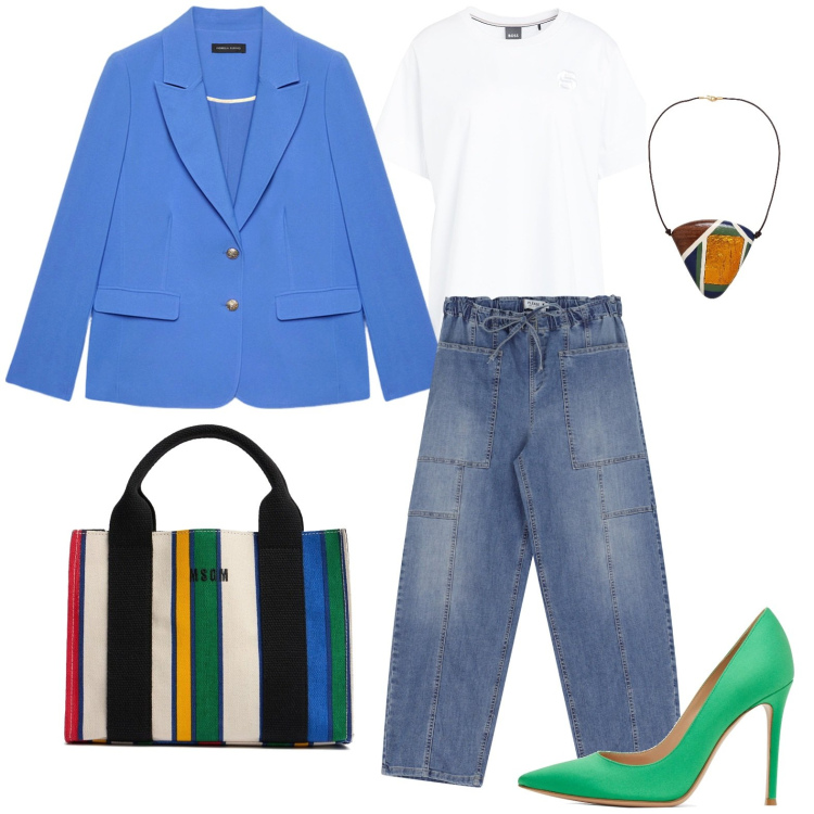 Outfit donna - Green line. Stile Trendy per Ufficio. Abbinamento con t-shirt, collane, jeans, blazer, shopping bag, décolleté.