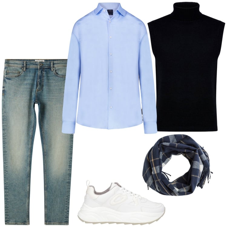 Outfit uomo - Con il gilet in ufficio. Stile Casual per Ufficio. Abbinamento con sneakers, jeans skinny, sciarpe, gilet, camicie.
