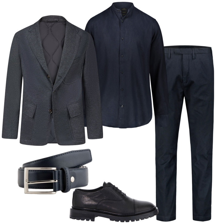 Outfit uomo - Solo blu. Stile Business/Elegante per Ufficio. Abbinamento con scarpe stringate, giacche, pantaloni, cinture, camicie.