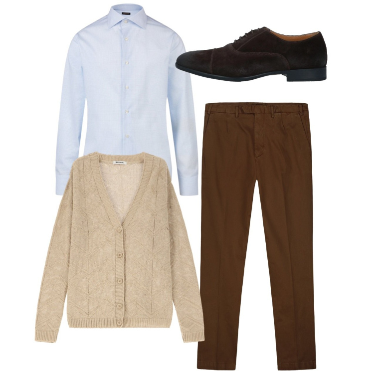 Outfit uomo - In cardigan per il sabato. Stile Casual per Tutti i giorni. Abbinamento con scarpe stringate, cardigans, camicie, pantaloni.