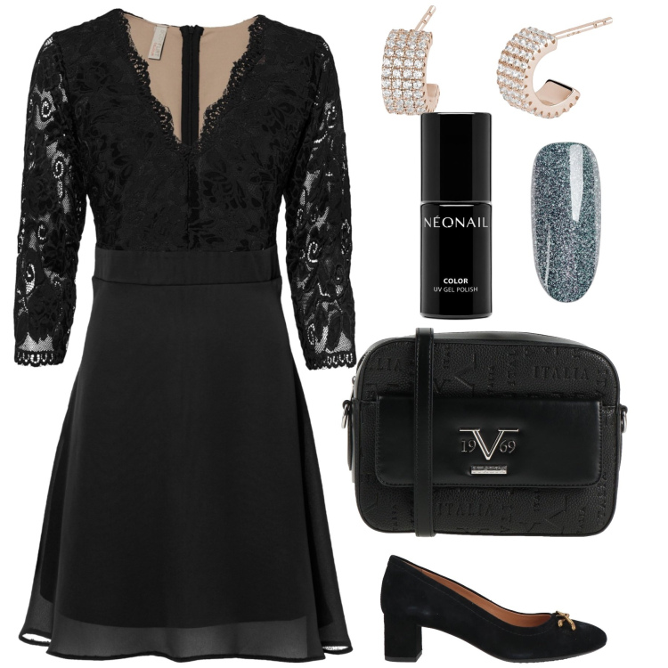 Outfit donna - Eleganza in scarpe comode. Stile Bon Ton per Serata fuori. Abbinamento con vestiti midi/longuette, borse a tracolla, décolleté, smalti, orecchini.