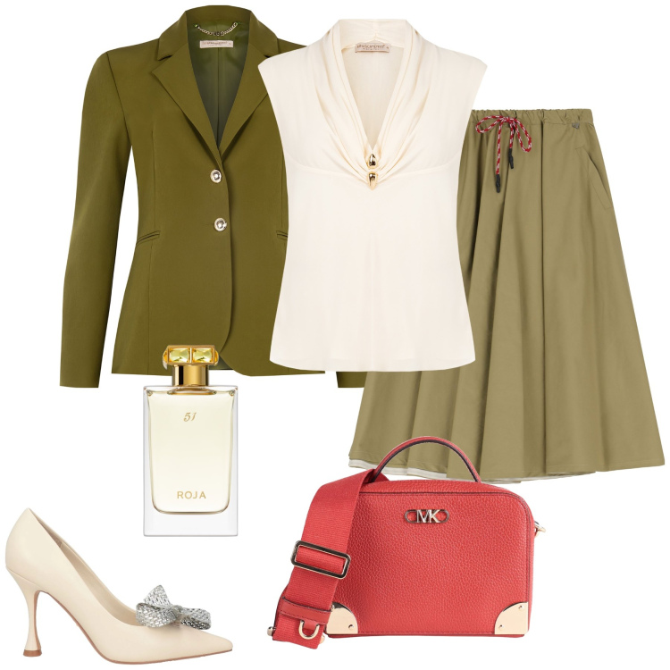 Outfit donna - Rosso melograno. Stile Chic per Tutti i giorni. Abbinamento con borse a tracolla, décolleté, profumi, bluse, blazer, gonne longuette.