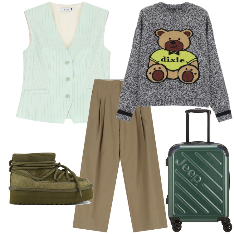 Outfit donna - Il verde e i suoi toni. Stile Trendy per Tutti i giorni. Abbinamento con pantaloni, gilet, maglieria, stivaletti, valigie.