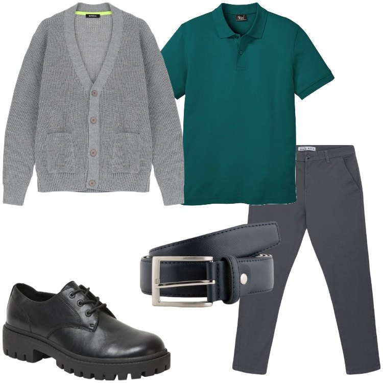 Outfit uomo - Cardigan in ufficio. Stile Casual per Ufficio. Abbinamento con polo, pantaloni chino, scarpe stringate, cardigans, cinture.