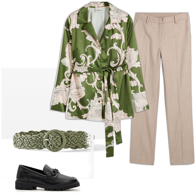 Outfit donna - Stampa versailles. Stile Casual chic per Tutti i giorni. Abbinamento con bluse, pantaloni, mocassini, cinture.