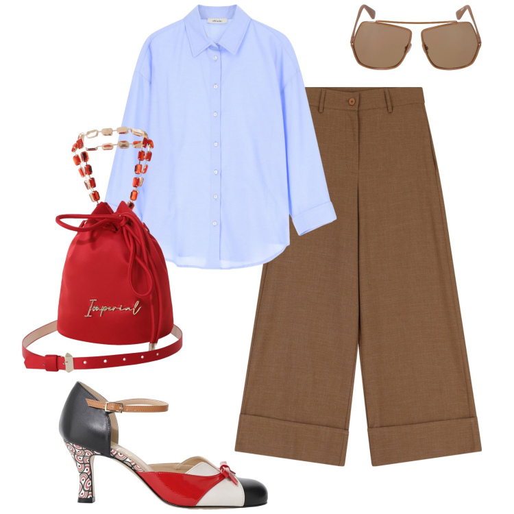 Outfit donna - Moca mousse+Ice water. Stile Trendy per Tutti i giorni. Abbinamento con borse a secchiello, camicie, pantaloni a palazzo, décolleté, occhiali da sole.