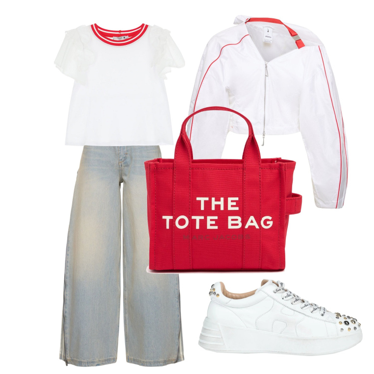Outfit donna - In giro per la Città con tocco di Rosso. Stile Sporty chic per Tutti i giorni. Abbinamento con sneakers, t-shirt sportive, pantaloni, shopping bag, giacche sportive.