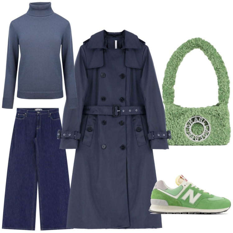 Outfit donna - Blue & Green. Stile Casual per Tutti i giorni. Abbinamento con borse a spalla, sneakers, jeans, trench, maglieria.