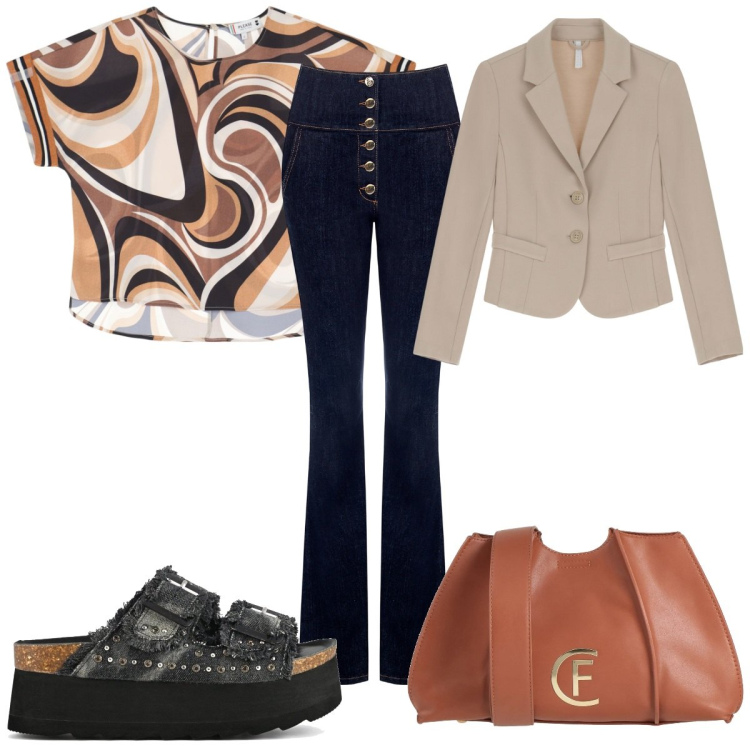 Outfit donna - Sheer Elegance: trasparenze 70s. Stile 70s per Tutti i giorni. Abbinamento con borse a tracolla, jeans a zampa, bluse, blazer, zeppe.