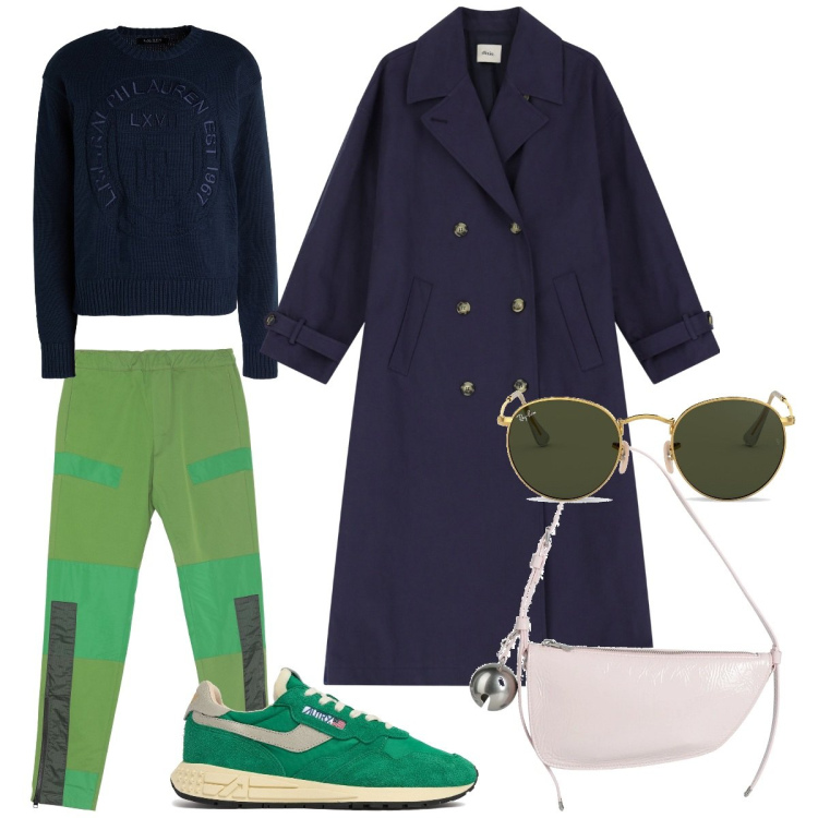 Outfit donna - Navy & Sporty. Stile Casual per Tutti i giorni. Abbinamento con pullovers, borse a mano, pantaloni, trench, occhiali da sole, sneakers.