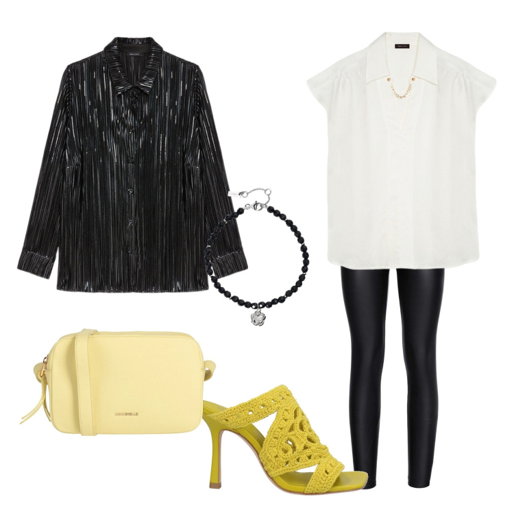 Outfit donna - Yellow sring. Stile Trendy per Serata fuori. Abbinamento con leggings, borse a tracolla, sandali in pelle, braccialetti, bluse, camicie.
