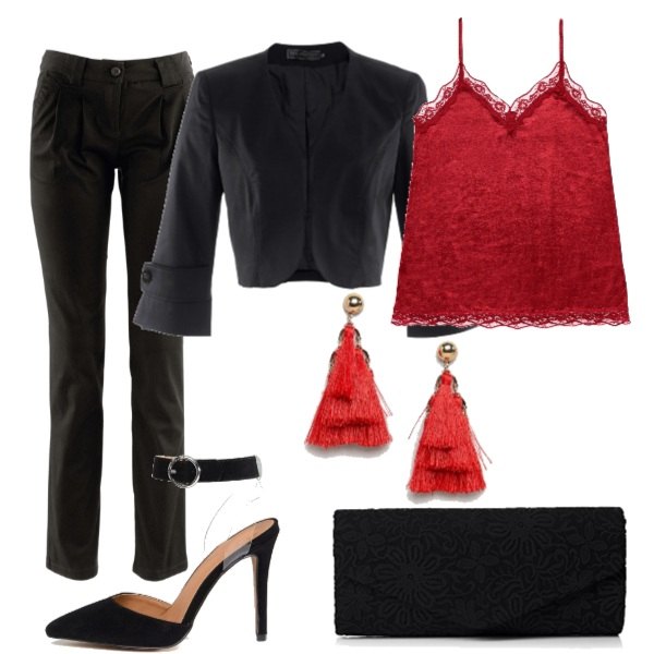 Outfit donna - Chic #17132. Stile Chic per Serata fuori. Abbinamento con pantaloni chino, bolero, canottiera con pizzo e cerchi con spalline sottili in velluto rosso, scarpe con cinturino a punta, orecchini, shopping bag taglia unica nero.