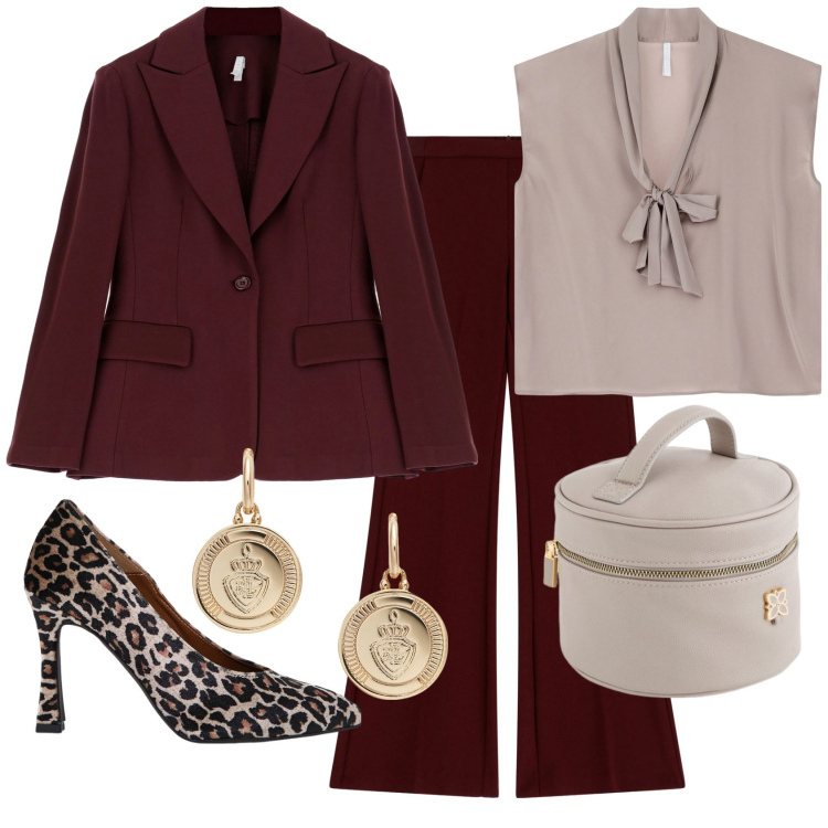 Outfit donna - Formale con brio. Stile Minimal per Ufficio. Abbinamento con blazer, top, pantaloni, décolleté, orecchini, valigie.