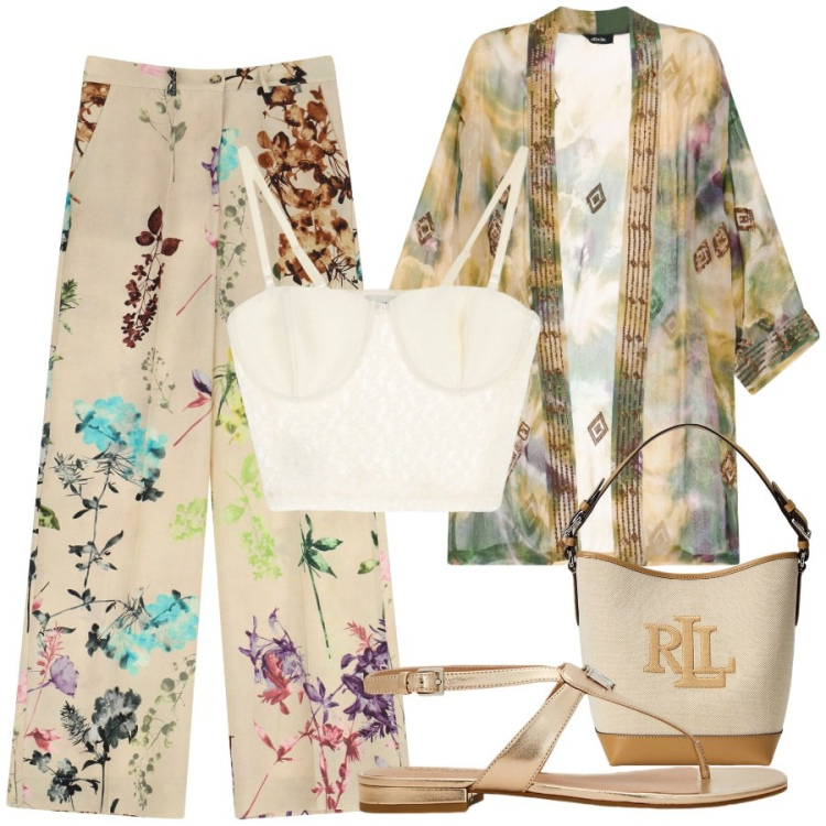 Outfit donna - Dixie - Sognando Siviglia SS25. Stile Romantica per Tutti i giorni. Abbinamento con top, pantaloni a palazzo, trench, borse a secchiello, sandali in pelle.