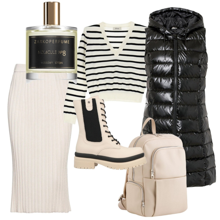 Outfit donna - Total look #2082914. Stile Casual per Tutti i giorni. Abbinamento con gilet, anfibi, gonne longuette, profumi, pullovers, zaini.