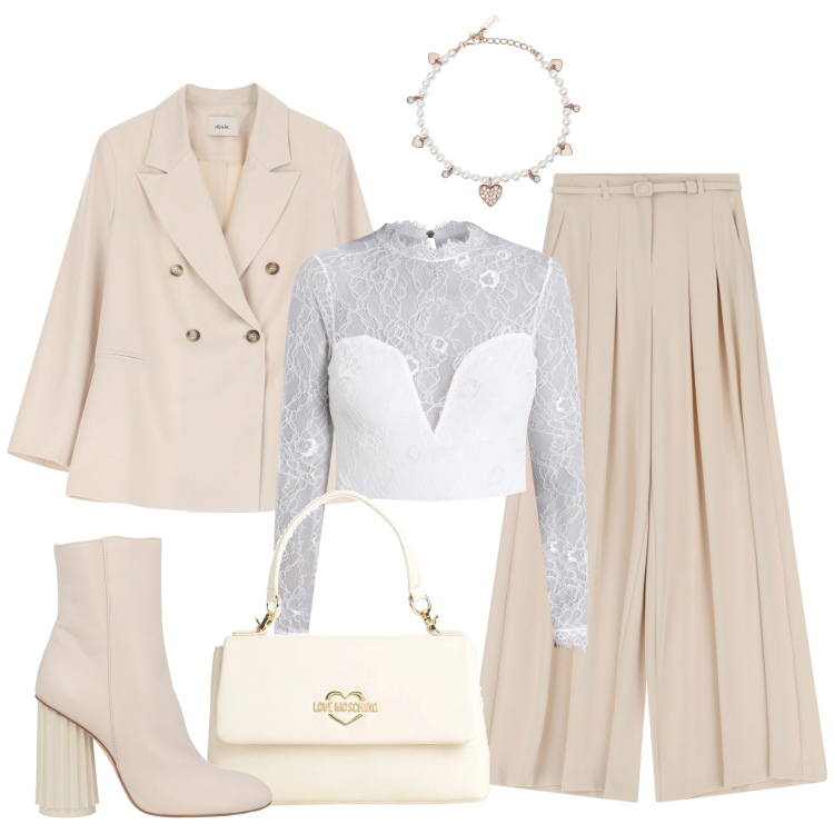 Outfit donna - Chic con il pizzo. Stile Chic per Cerimonia. Abbinamento con stivaletti, borse a mano, pantaloni, braccialetti, bluse, blazer.