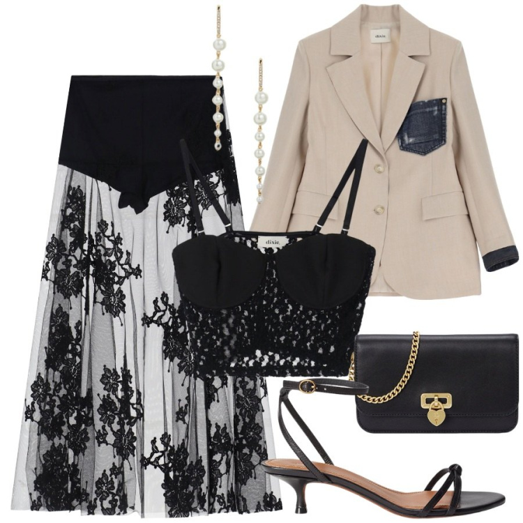 Outfit donna - Dixie - Sognando Siviglia SS25. Stile Etnico per Serata fuori. Abbinamento con blazer, gonne lunghe, top, sandali in pelle, portafogli, orecchini.
