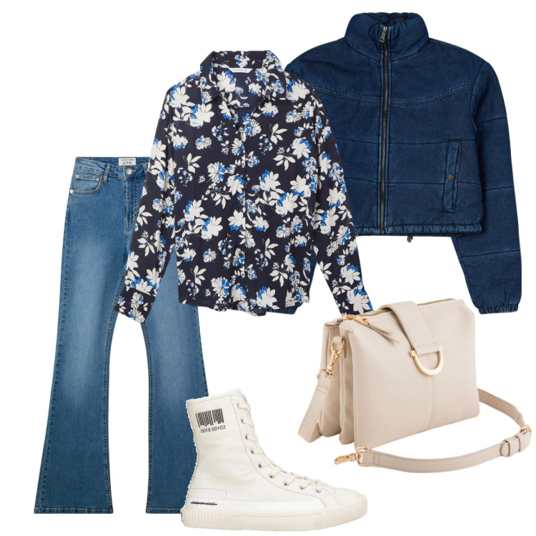 Outfit donna - Un po\' di vintage coi fiori. Stile Vintage retrò per Tutti i giorni. Abbinamento con sneakers alte, camicie, jeans a zampa, blazer, borse a tracolla.