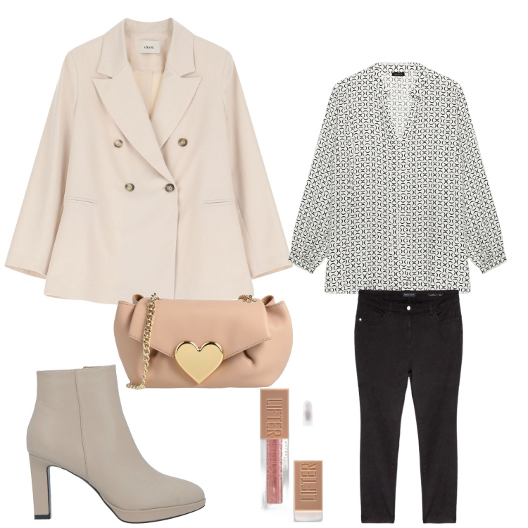 Outfit donna - Shopping of love. Stile Casual chic per Tutti i giorni. Abbinamento con stivaletti, borse a tracolla, gloss, blazer, bluse, pantaloni skinny.