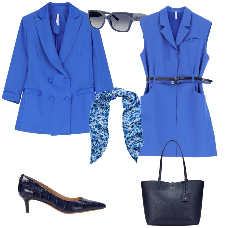 Outfit donna - Total look #2082937. Stile Chic per Ufficio. Abbinamento con vestiti corti, blazer, borse tote, décolleté, occhiali da sole, sciarpe.
