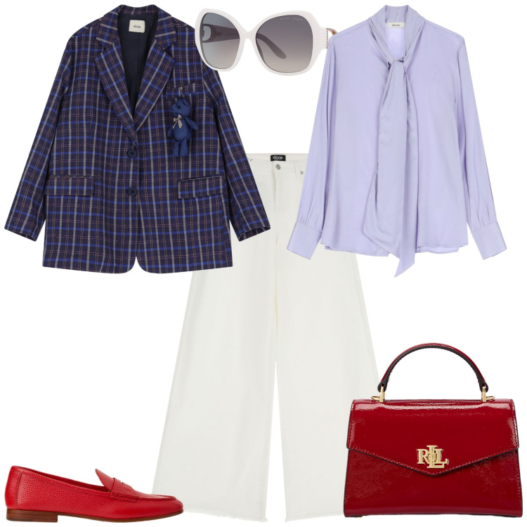 Outfit donna - Total look #2082944. Stile Sporty chic per Ufficio. Abbinamento con jeans, blazer, camicie, occhiali da sole, borse a mano, mocassini.